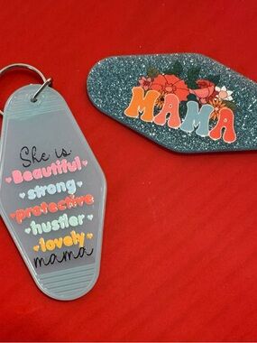 Hand Crafted Mama Glitter Key & Inspirational Tag Set - Teal, Coral